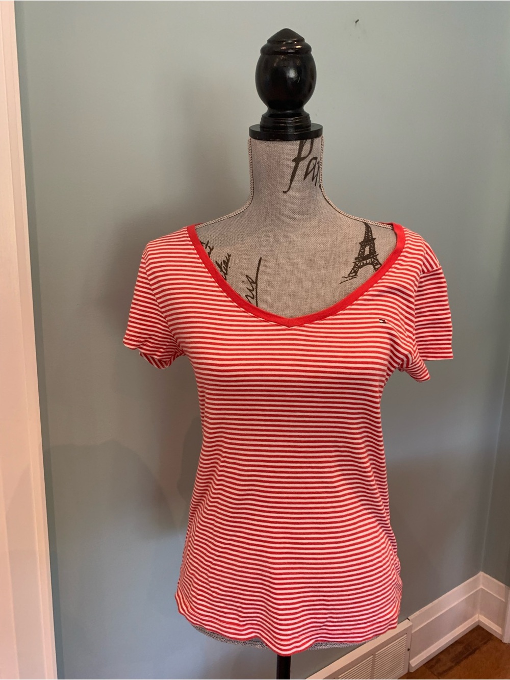 Tommy Hilfiger Red & White Striped V-Neck Short Sleeve Tee